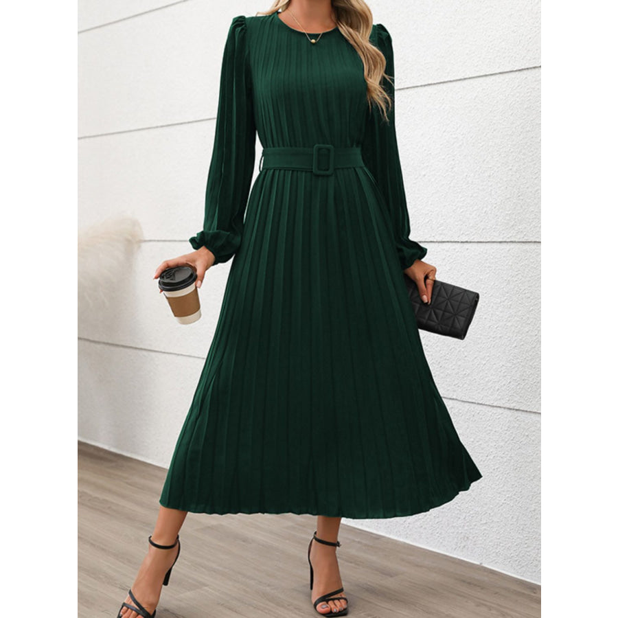 Perfee Pleated Round Neck Long Sleeve Midi Dress Apparel and Accessories