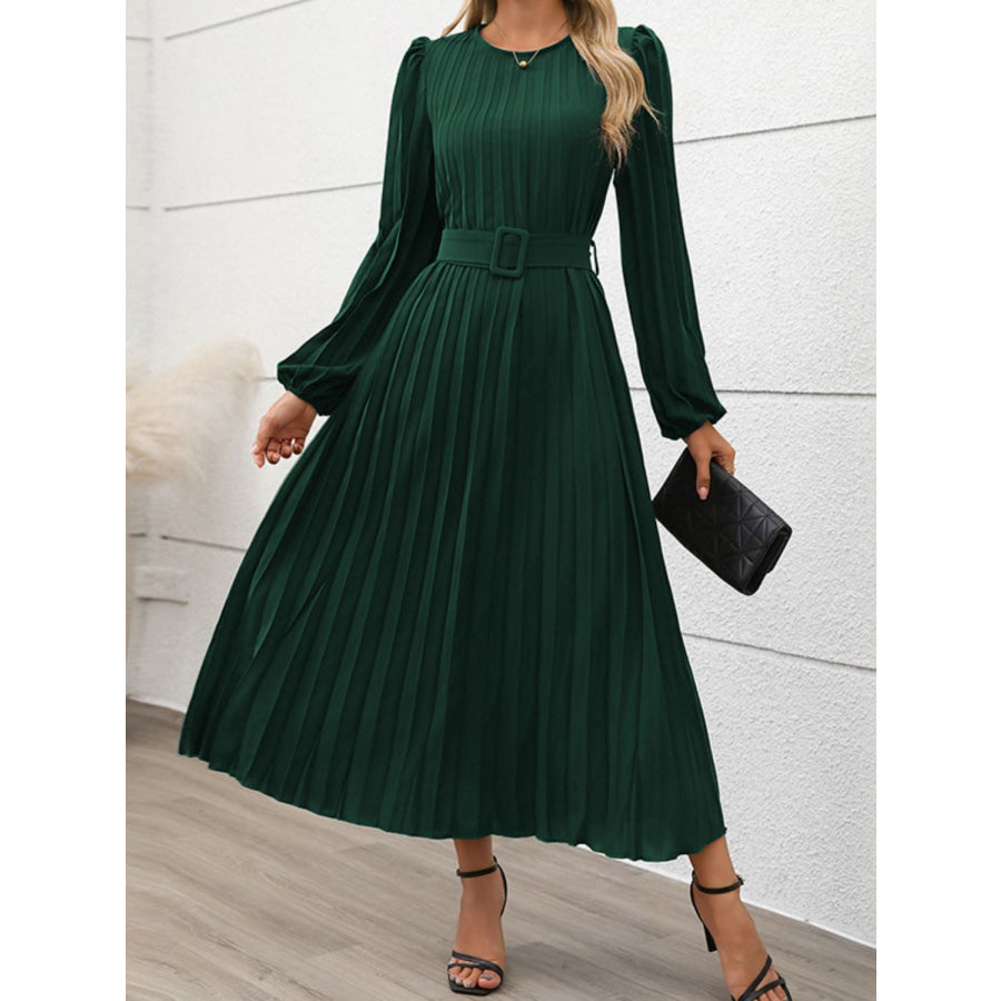 Perfee Pleated Round Neck Long Sleeve Midi Dress Dark Green / S Apparel and Accessories