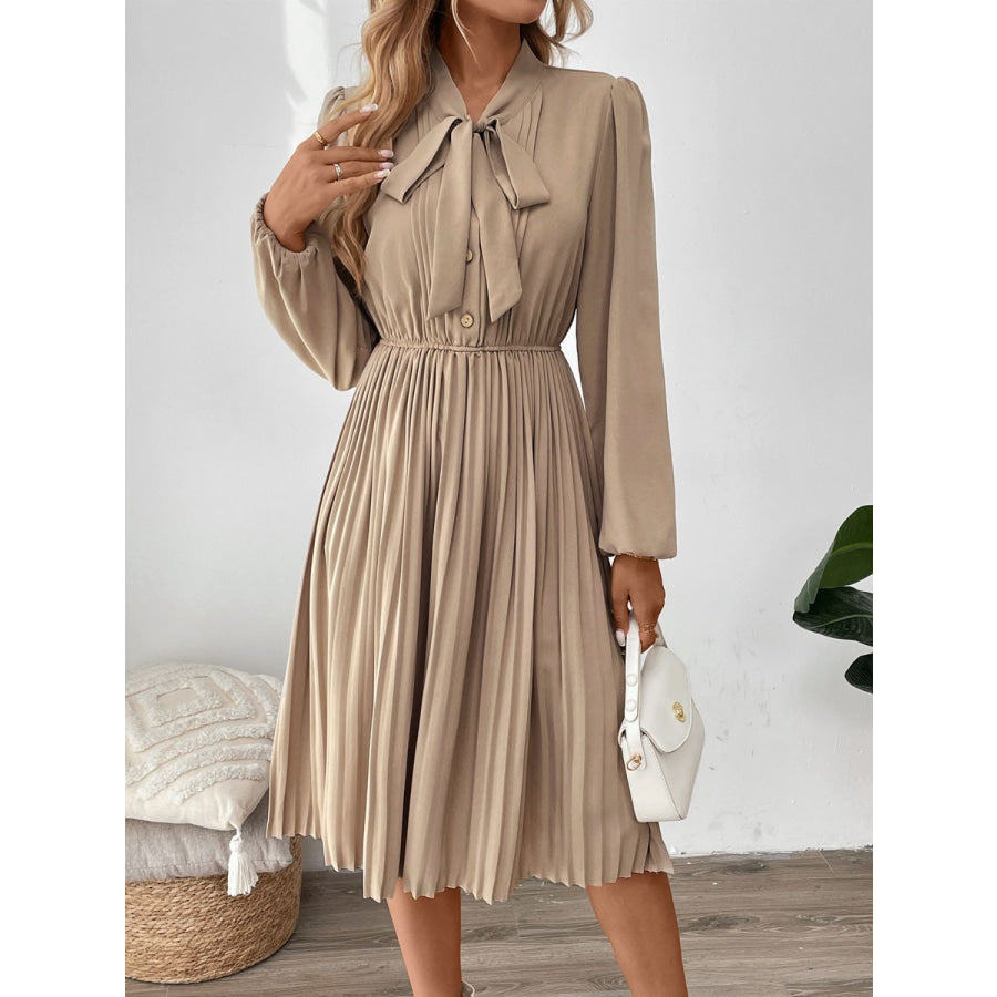 Perfee Pleated Tie Neck Long Sleeve Dress Apparel and Accessories