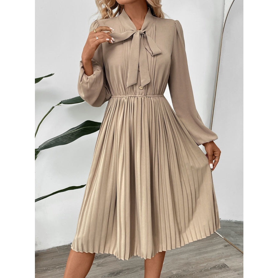 Perfee Pleated Tie Neck Long Sleeve Dress Apparel and Accessories