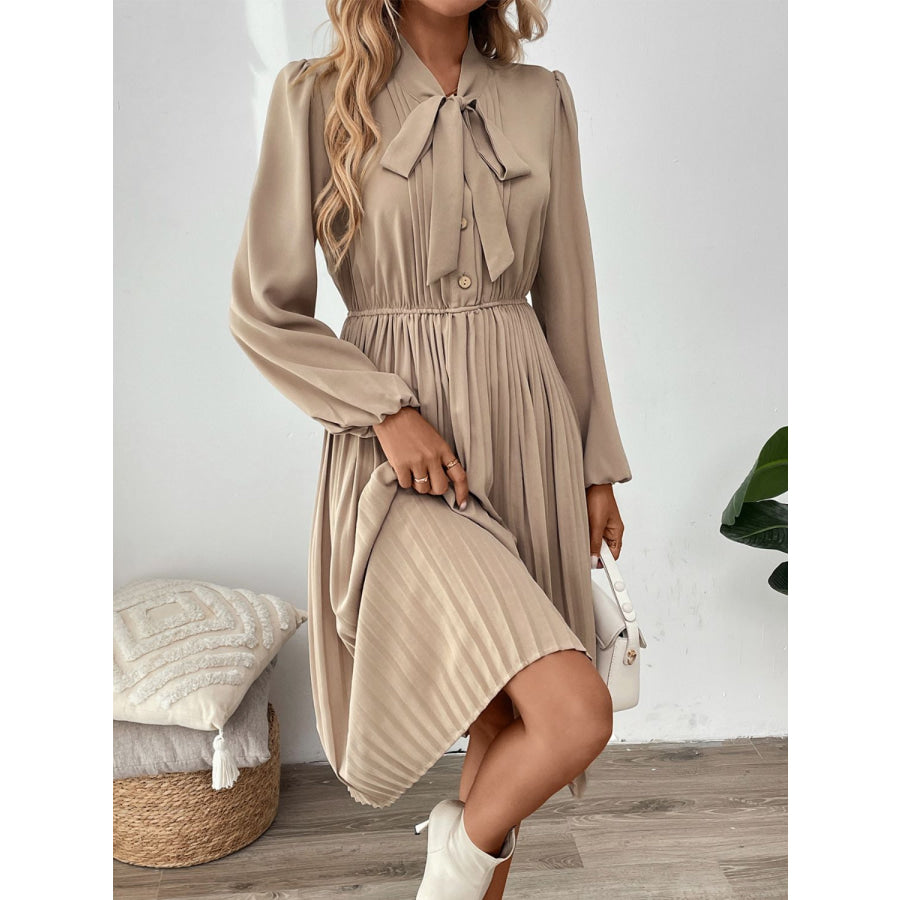 Perfee Pleated Tie Neck Long Sleeve Dress Apparel and Accessories