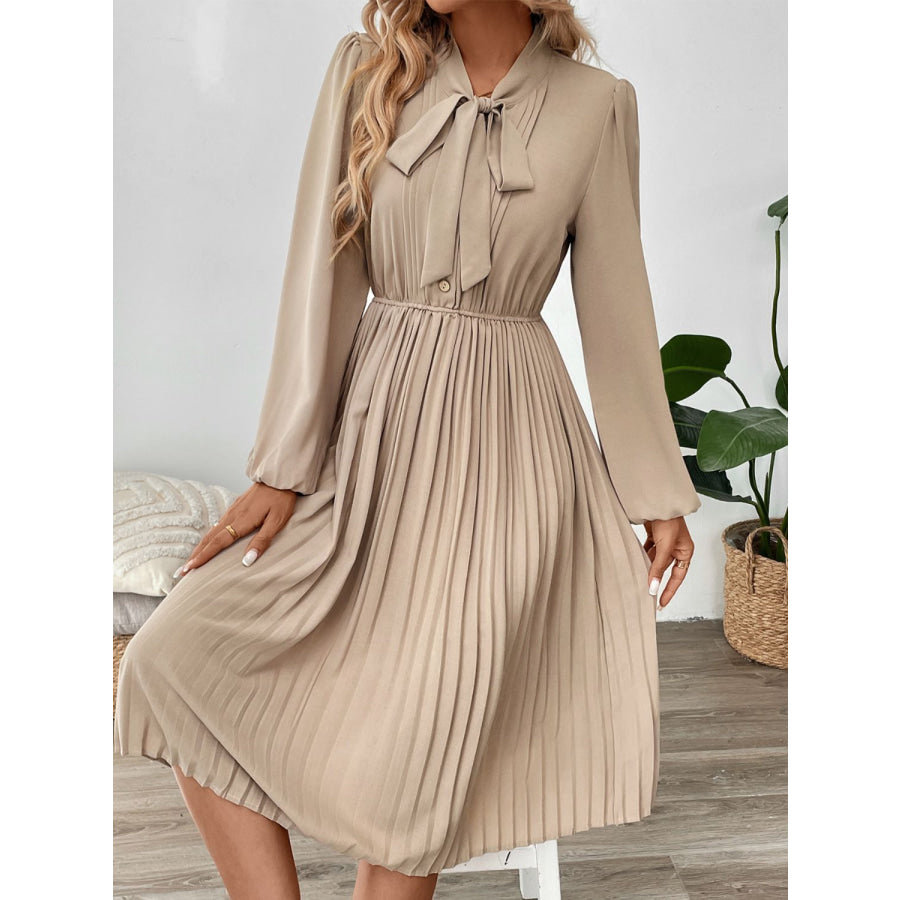 Perfee Pleated Tie Neck Long Sleeve Dress Apparel and Accessories