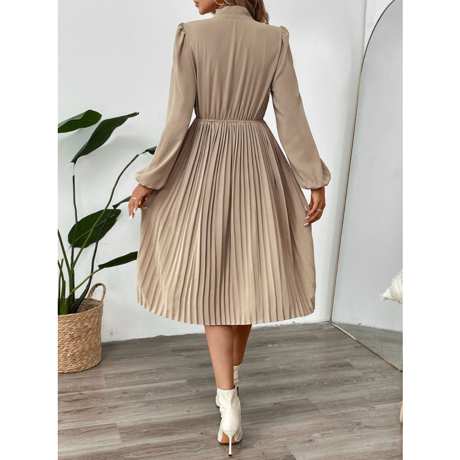 Perfee Pleated Tie Neck Long Sleeve Dress Apparel and Accessories