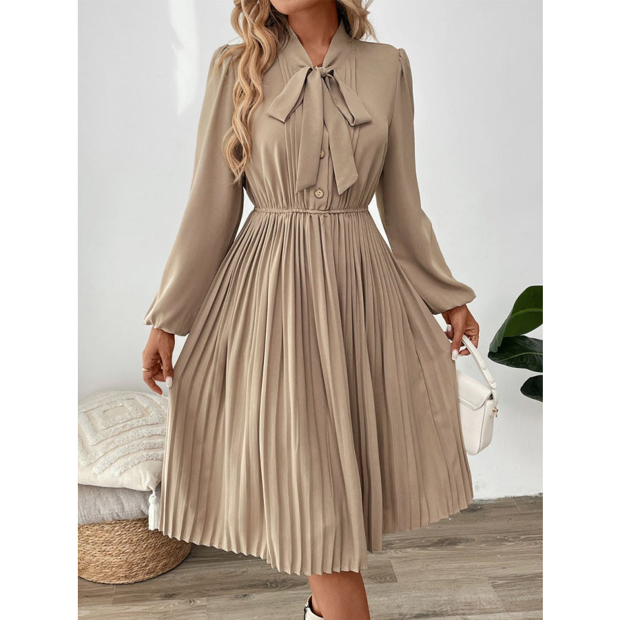 Perfee Pleated Tie Neck Long Sleeve Dress Tan / S Apparel and Accessories