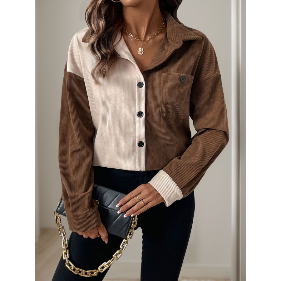 Perfee Pocketed Contrast Collared Neck Long Sleeve Shirt Apparel and Accessories