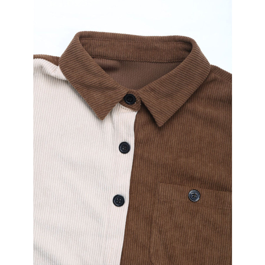 Perfee Pocketed Contrast Collared Neck Long Sleeve Shirt Apparel and Accessories