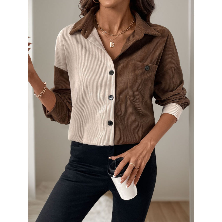 Perfee Pocketed Contrast Collared Neck Long Sleeve Shirt Apparel and Accessories