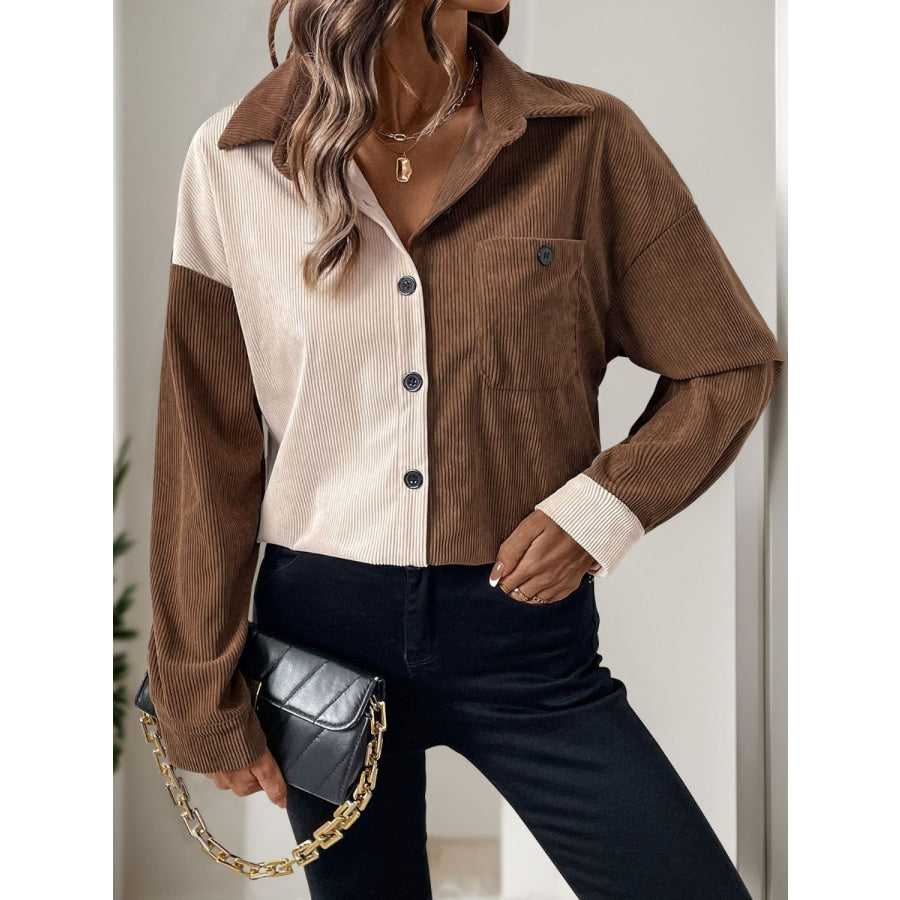 Perfee Pocketed Contrast Collared Neck Long Sleeve Shirt Apparel and Accessories