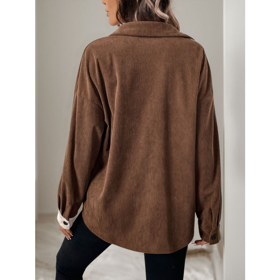 Perfee Pocketed Contrast Collared Neck Long Sleeve Shirt Coffee Brown / S Apparel and Accessories