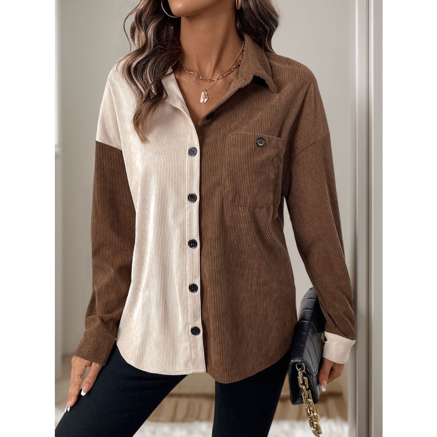 Perfee Pocketed Contrast Collared Neck Long Sleeve Shirt Coffee Brown / S Apparel and Accessories