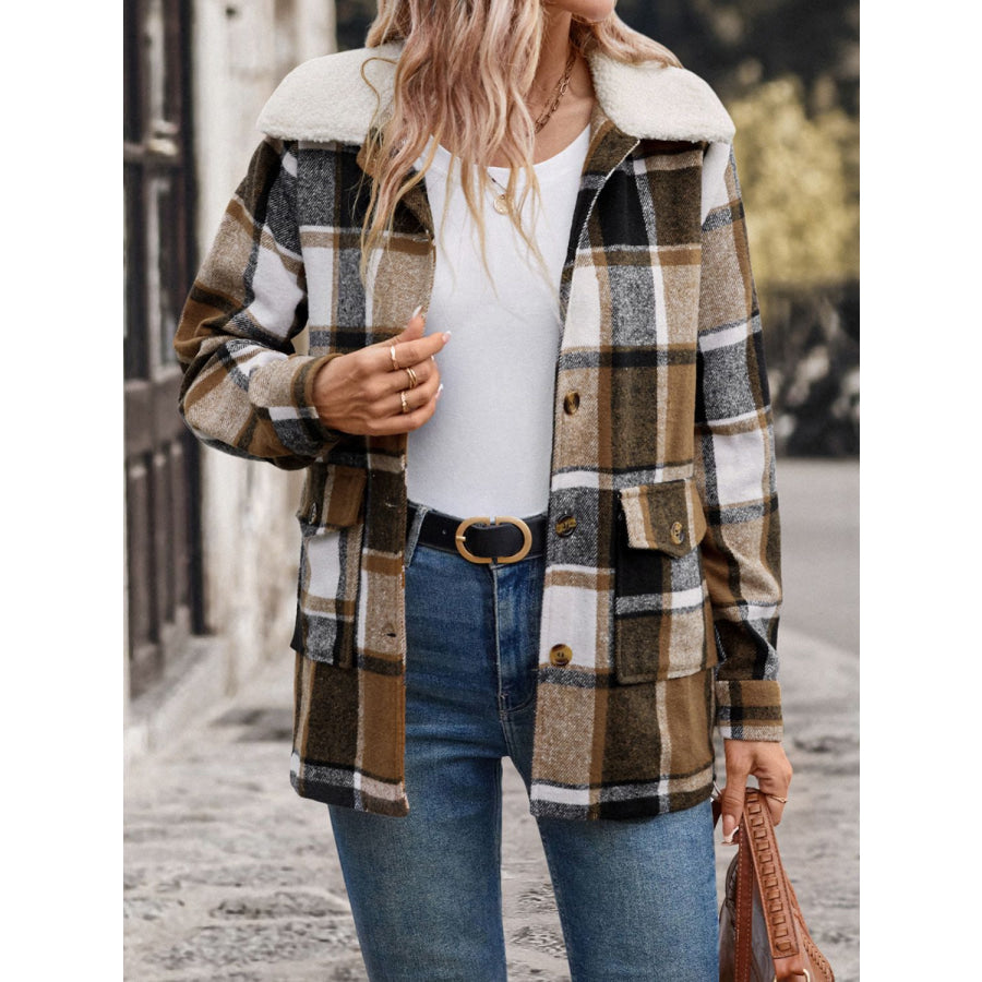 Perfee Pocketed Plaid Button Up Collared Neck Jacket Apparel and Accessories