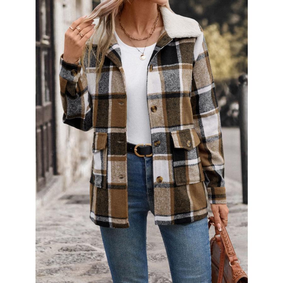 Perfee Pocketed Plaid Button Up Collared Neck Jacket Camel / S Apparel and Accessories