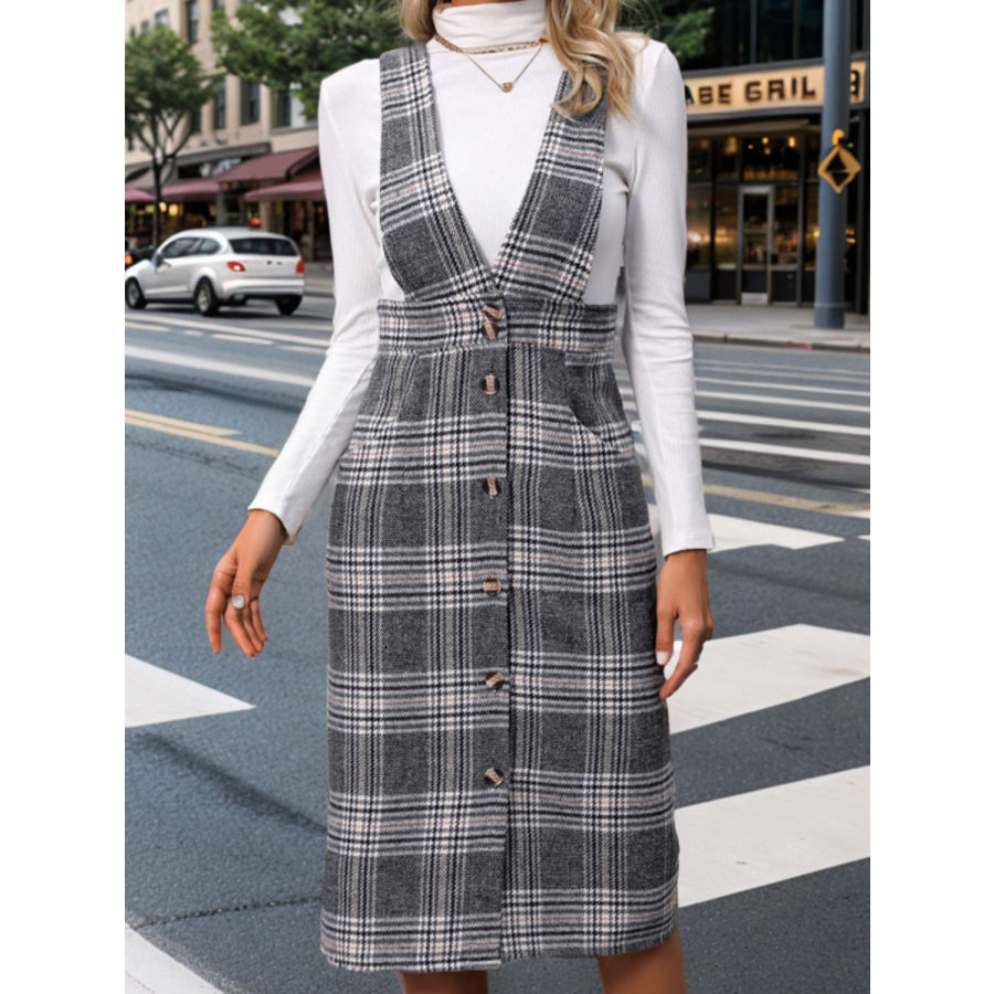 Perfee Pocketed Plaid Overall Dress Apparel and Accessories