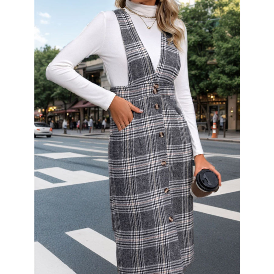 Perfee Pocketed Plaid Overall Dress Apparel and Accessories