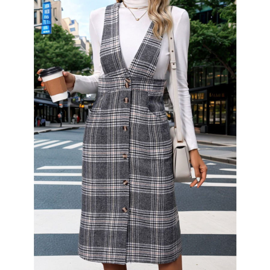 Perfee Pocketed Plaid Overall Dress Apparel and Accessories