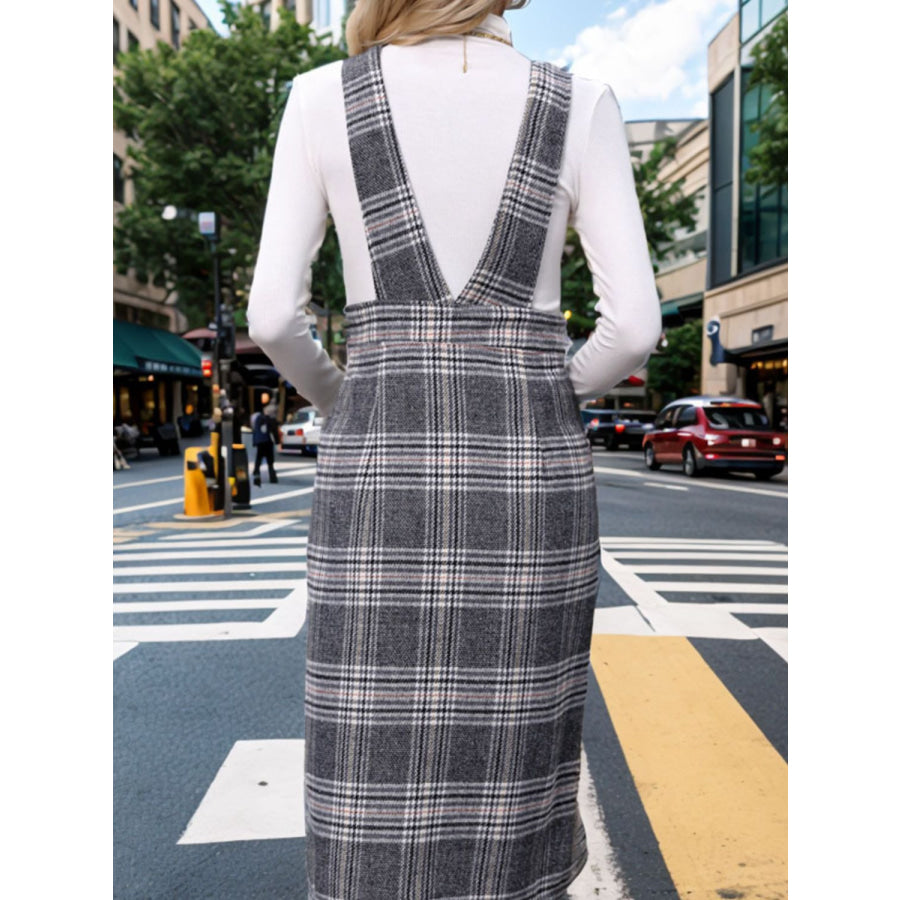 Perfee Pocketed Plaid Overall Dress Apparel and Accessories