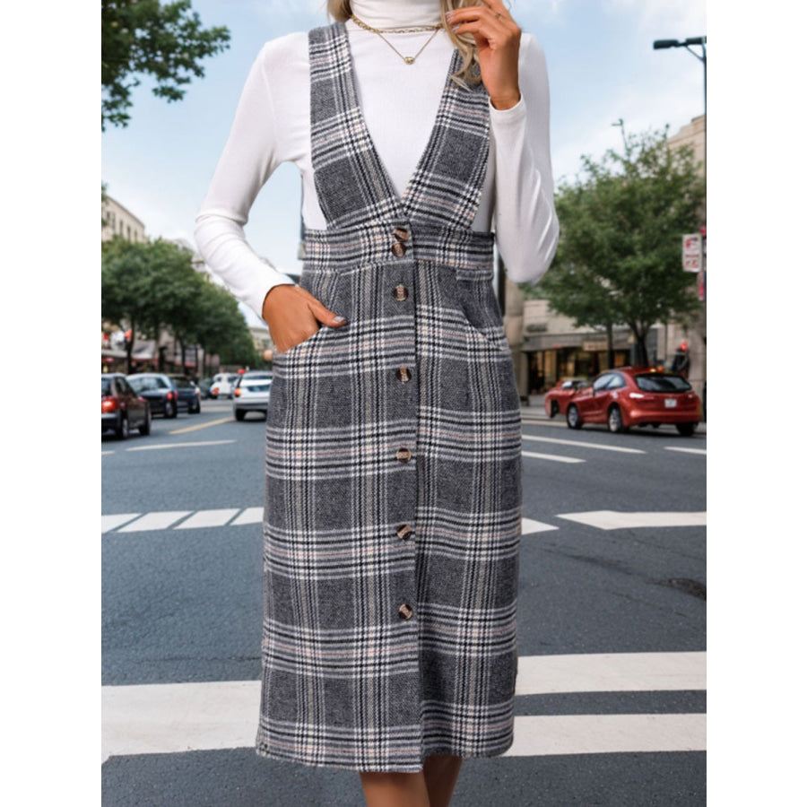 Perfee Pocketed Plaid Overall Dress Dark Gray / S Apparel and Accessories