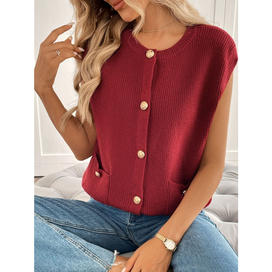 Perfee Pocketed Round Neck Cap Sleeve Cardigan Apparel and Accessories