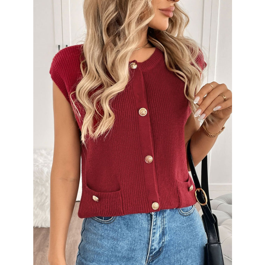 Perfee Pocketed Round Neck Cap Sleeve Cardigan Apparel and Accessories