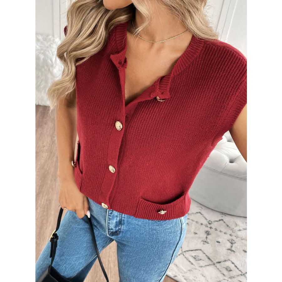 Perfee Pocketed Round Neck Cap Sleeve Cardigan Apparel and Accessories