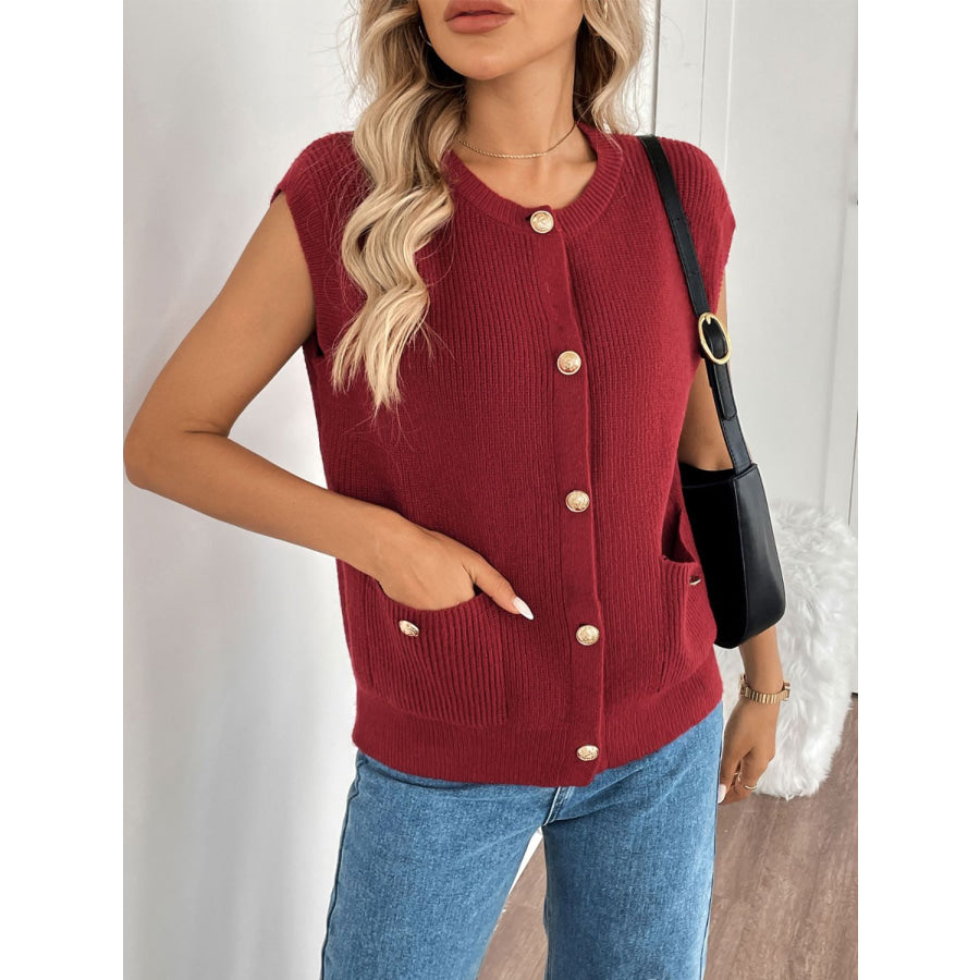 Perfee Pocketed Round Neck Cap Sleeve Cardigan Rust / S Apparel and Accessories