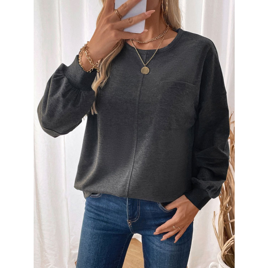 Perfee Pocketed Round Neck Long Sleeve Sweatshirt Apparel and Accessories