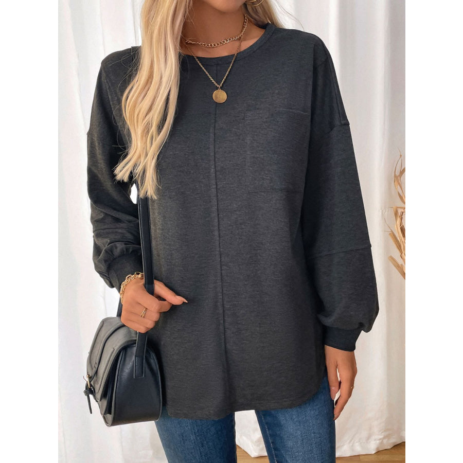 Perfee Pocketed Round Neck Long Sleeve Sweatshirt Apparel and Accessories