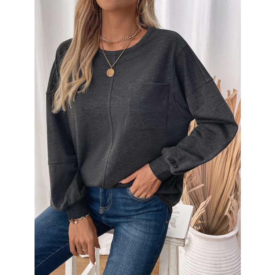 Perfee Pocketed Round Neck Long Sleeve Sweatshirt Apparel and Accessories