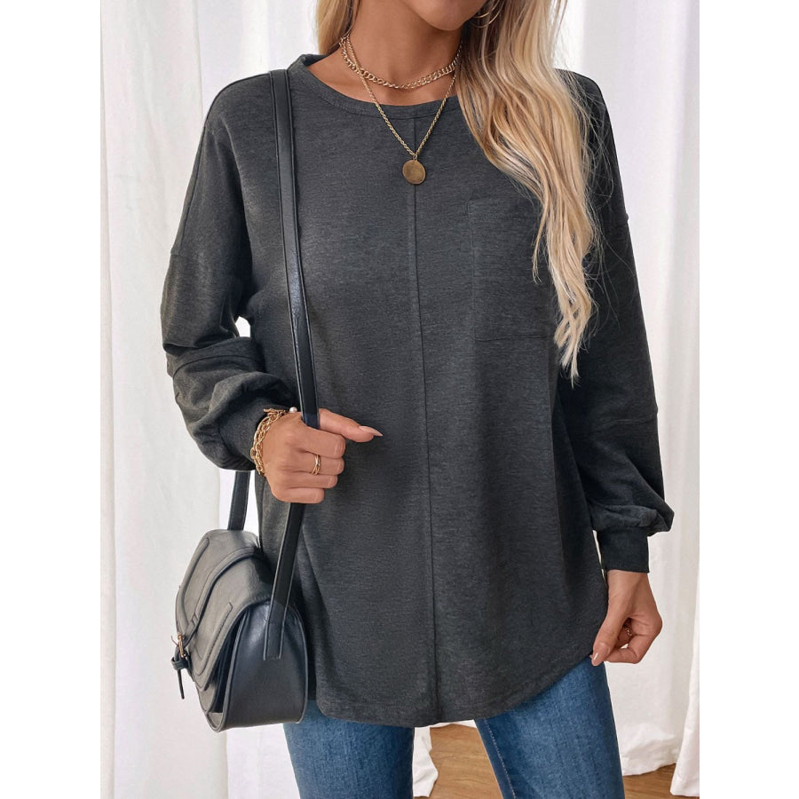 Perfee Pocketed Round Neck Long Sleeve Sweatshirt Apparel and Accessories