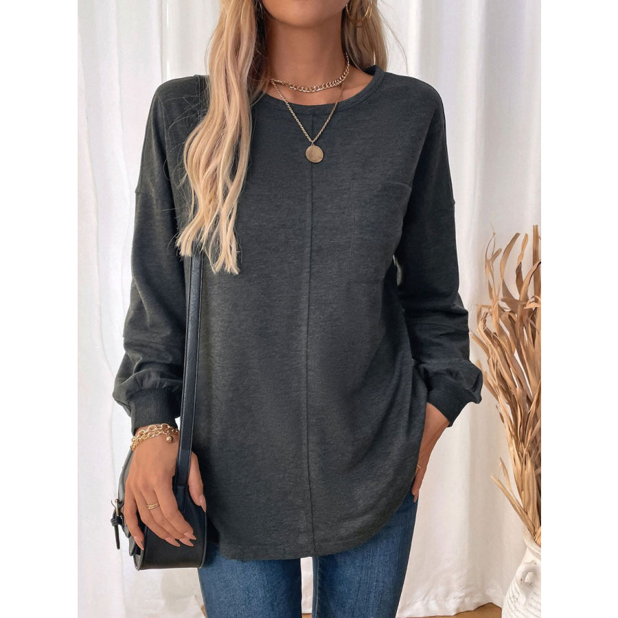 Perfee Pocketed Round Neck Long Sleeve Sweatshirt Dark Gray / S Apparel and Accessories