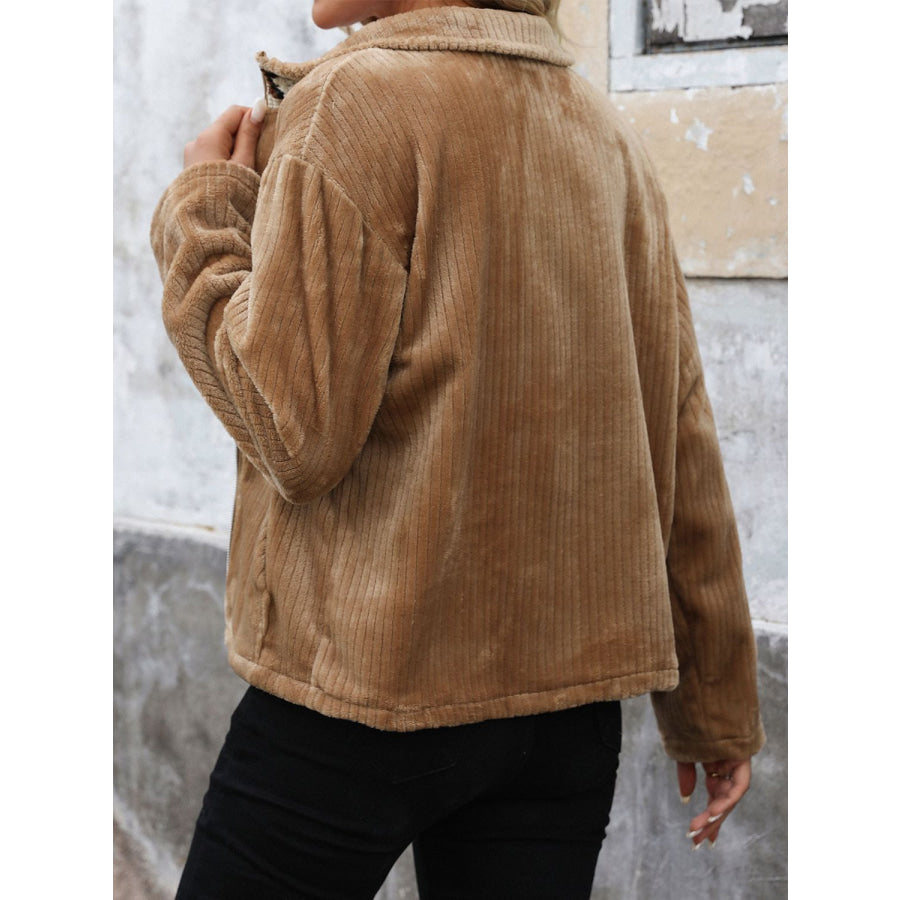 Perfee Pocketed Zip Up Collared Neck Long Sleeve Jacket Camel / S Apparel and Accessories