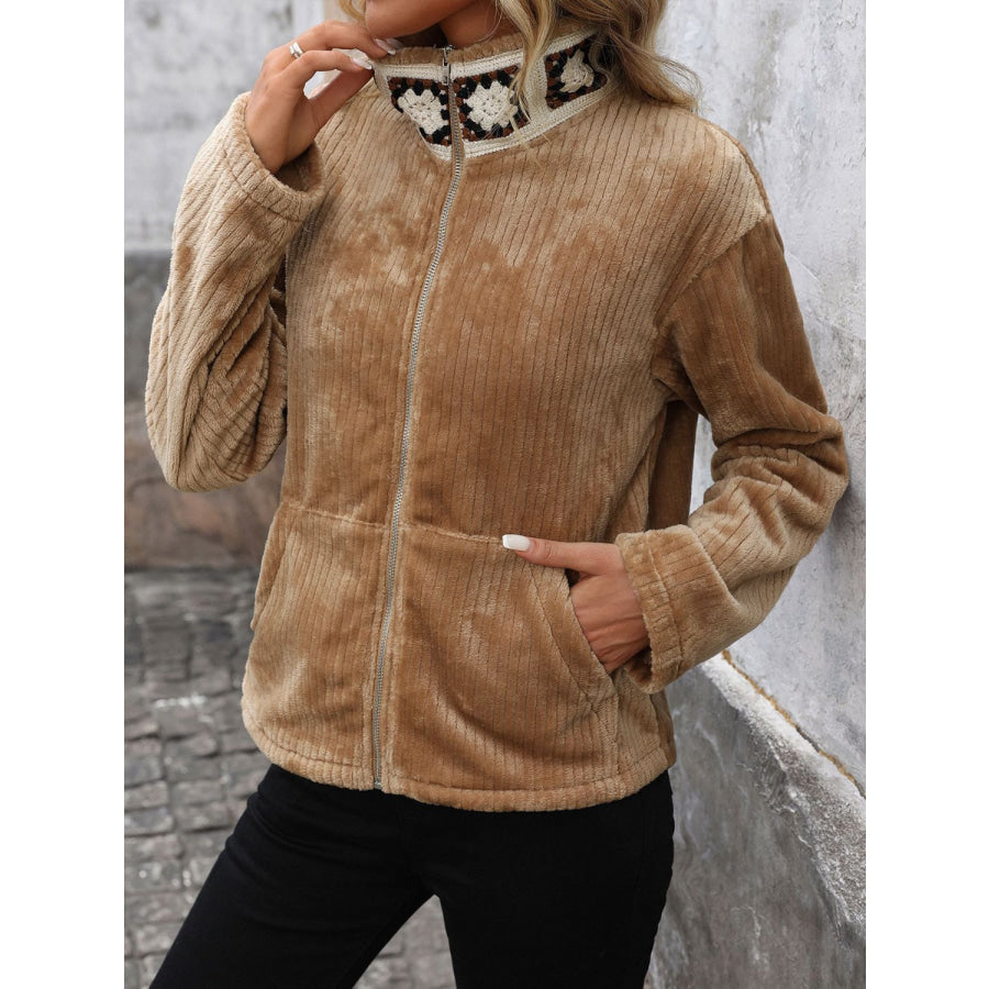 Perfee Pocketed Zip Up Collared Neck Long Sleeve Jacket Apparel and Accessories