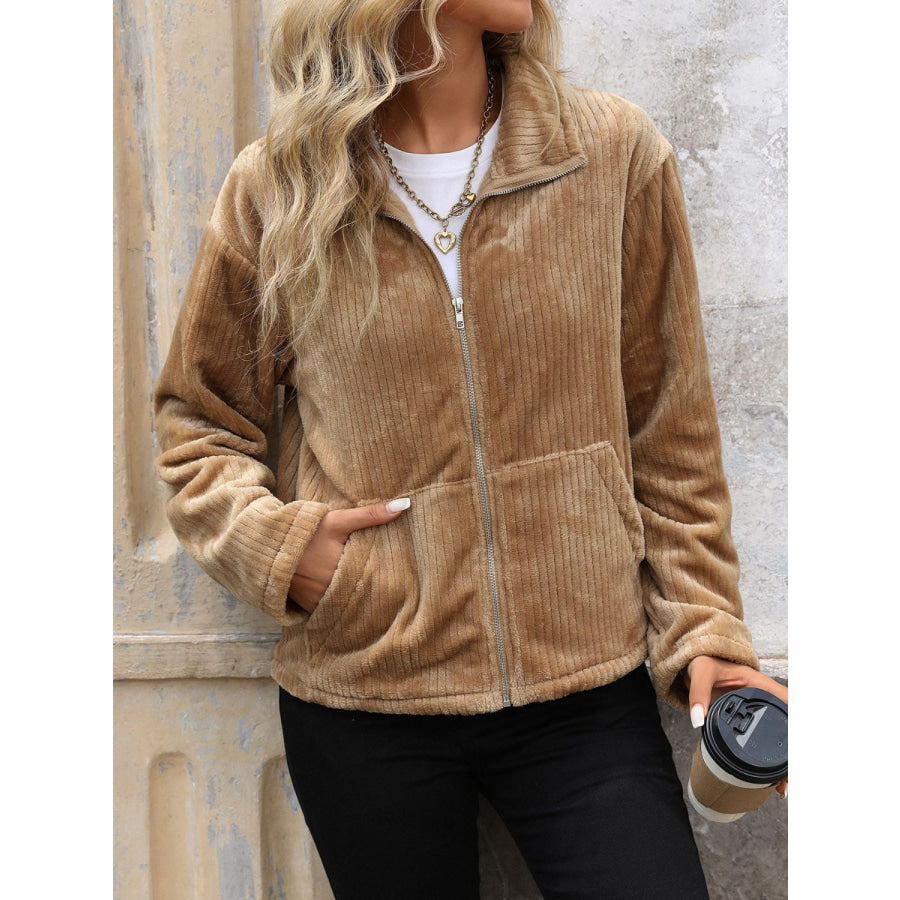 Perfee Pocketed Zip Up Collared Neck Long Sleeve Jacket Camel / S Apparel and Accessories