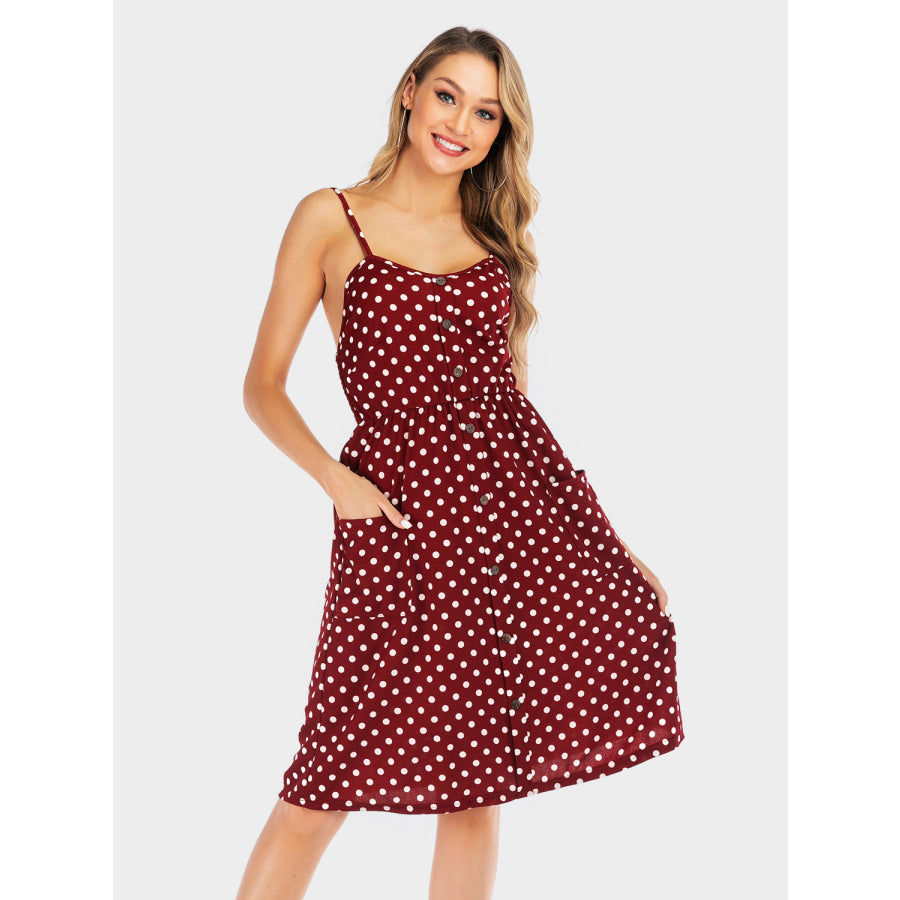 Perfee Polka Dot Sweetheart Neck Dress with Pockets Apparel and Accessories