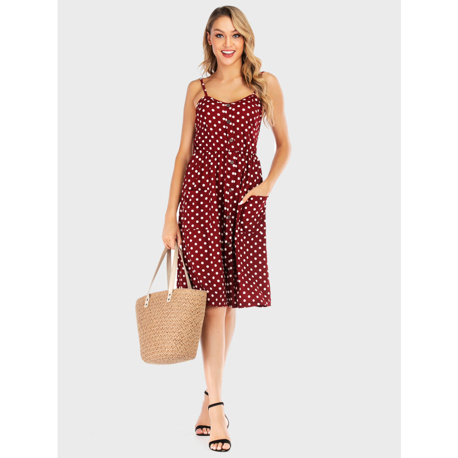 Perfee Polka Dot Sweetheart Neck Dress with Pockets Apparel and Accessories