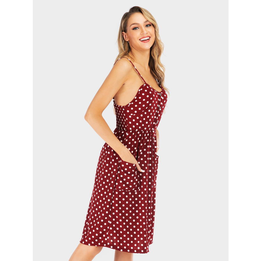 Perfee Polka Dot Sweetheart Neck Dress with Pockets Apparel and Accessories