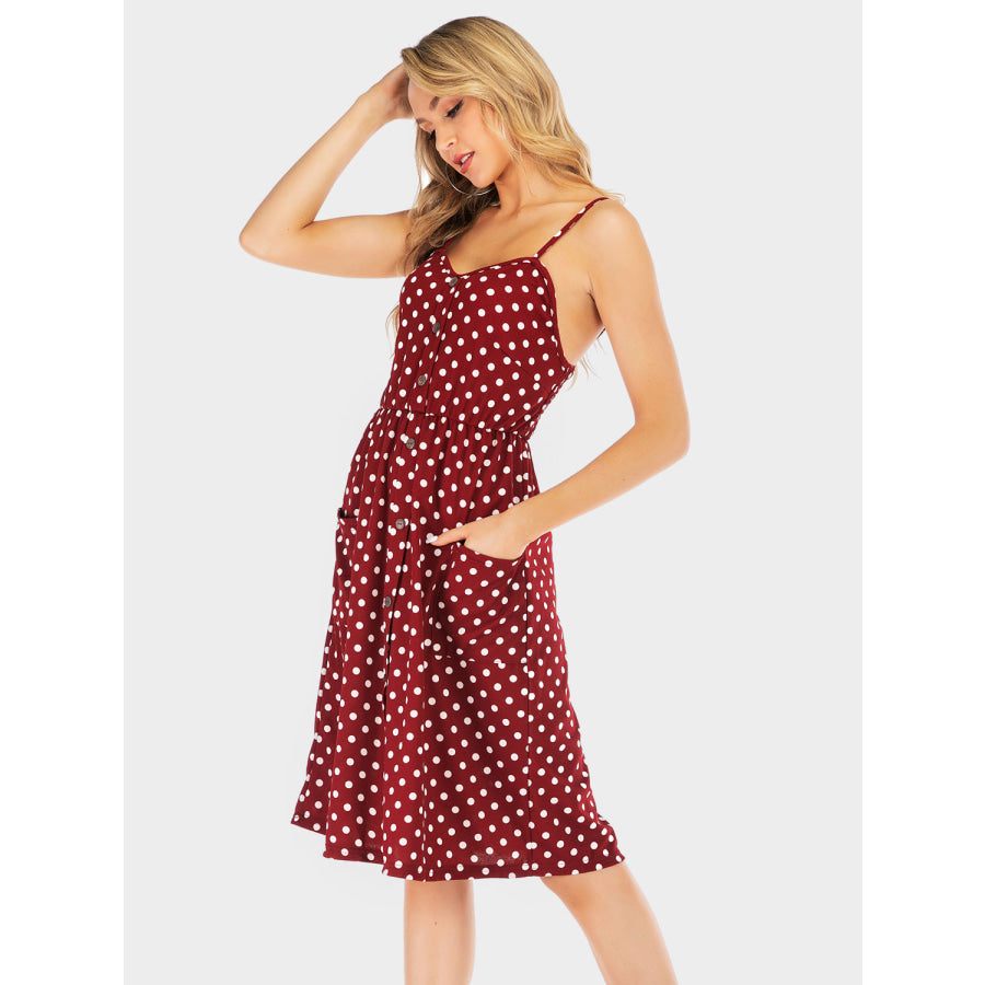 Perfee Polka Dot Sweetheart Neck Dress with Pockets Apparel and Accessories