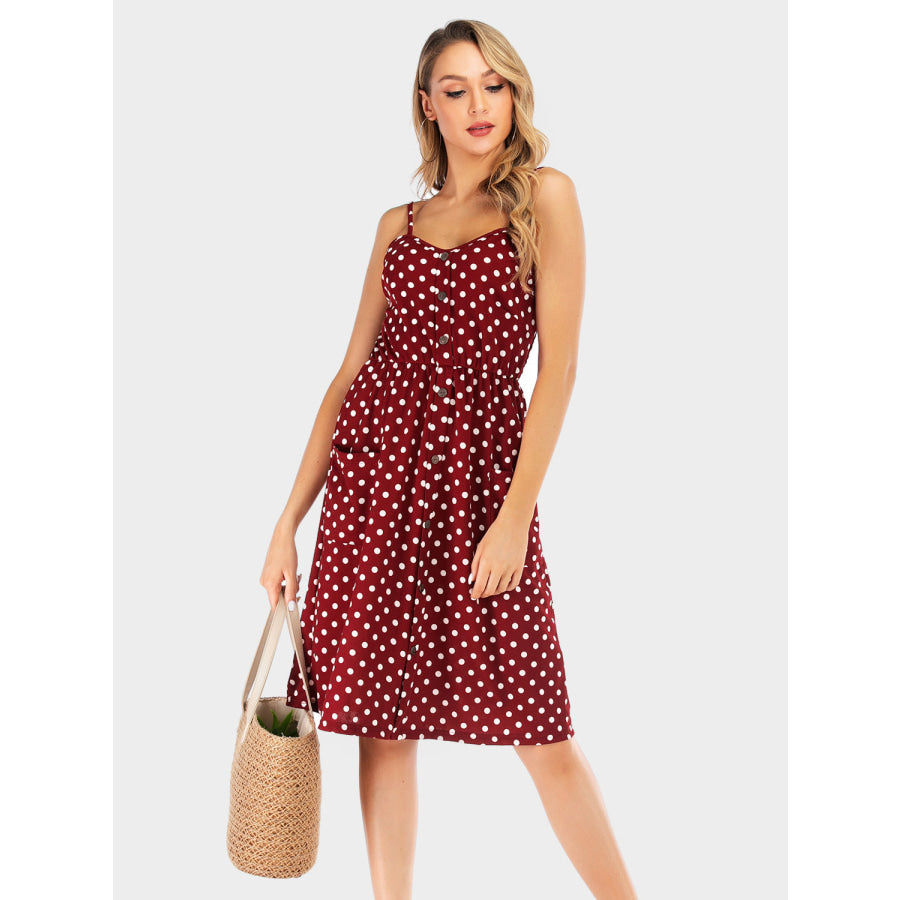 Perfee Polka Dot Sweetheart Neck Dress with Pockets Burgundy / S Apparel and Accessories