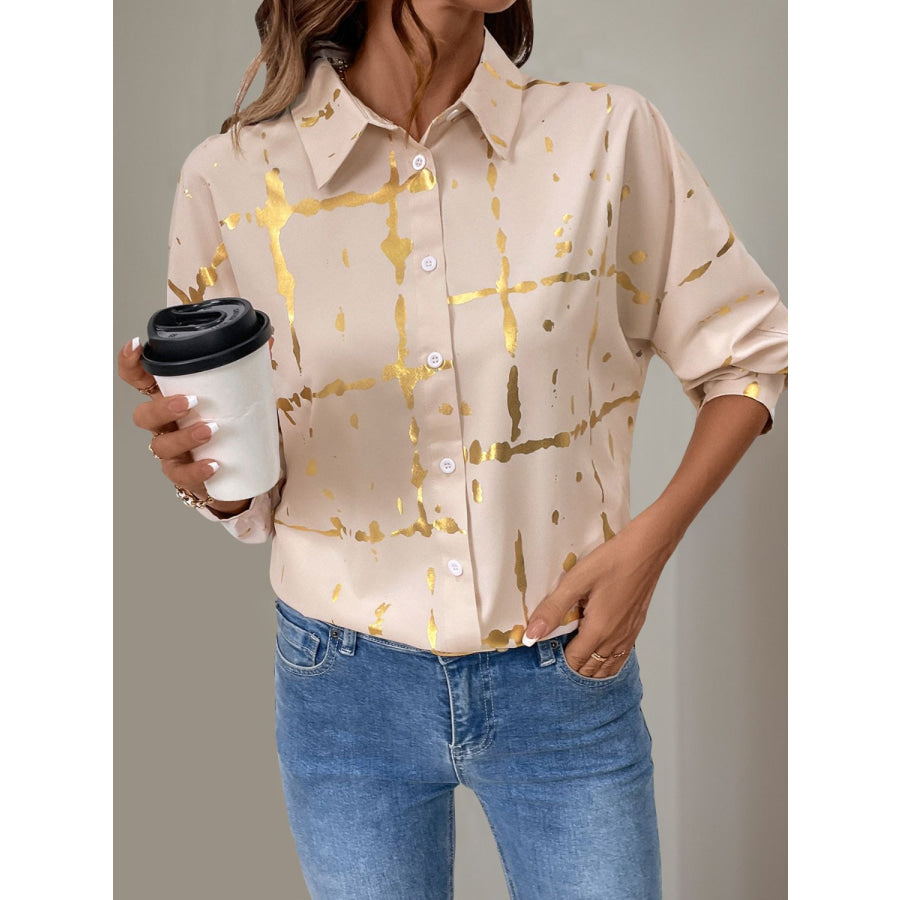 Perfee Printed Collared Neck Long Sleeve Shirt Apparel and Accessories