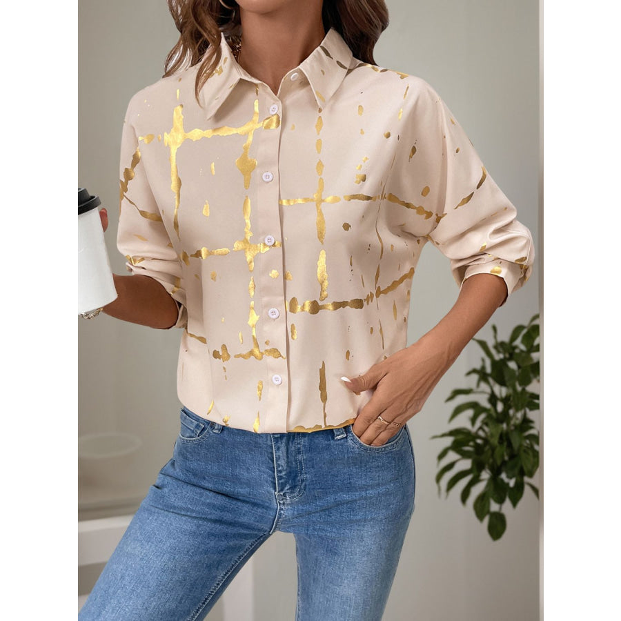 Perfee Printed Collared Neck Long Sleeve Shirt Apparel and Accessories