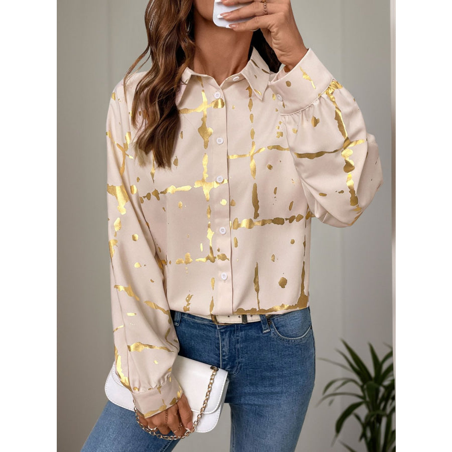 Perfee Printed Collared Neck Long Sleeve Shirt Apparel and Accessories