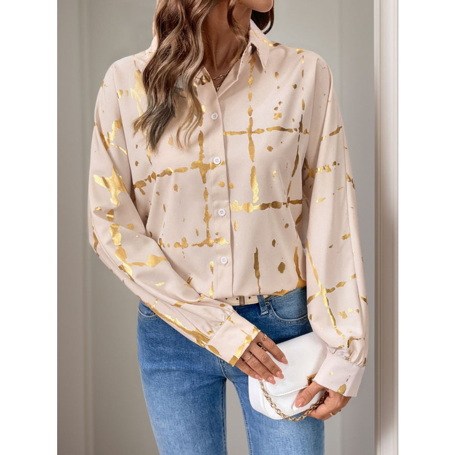 Perfee Printed Collared Neck Long Sleeve Shirt Tan / S Apparel and Accessories