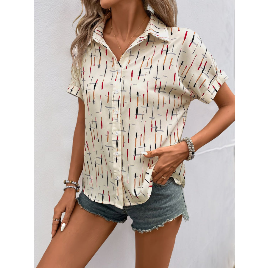 Perfee Printed Collared Neck Short Sleeve Shirt Apparel and Accessories