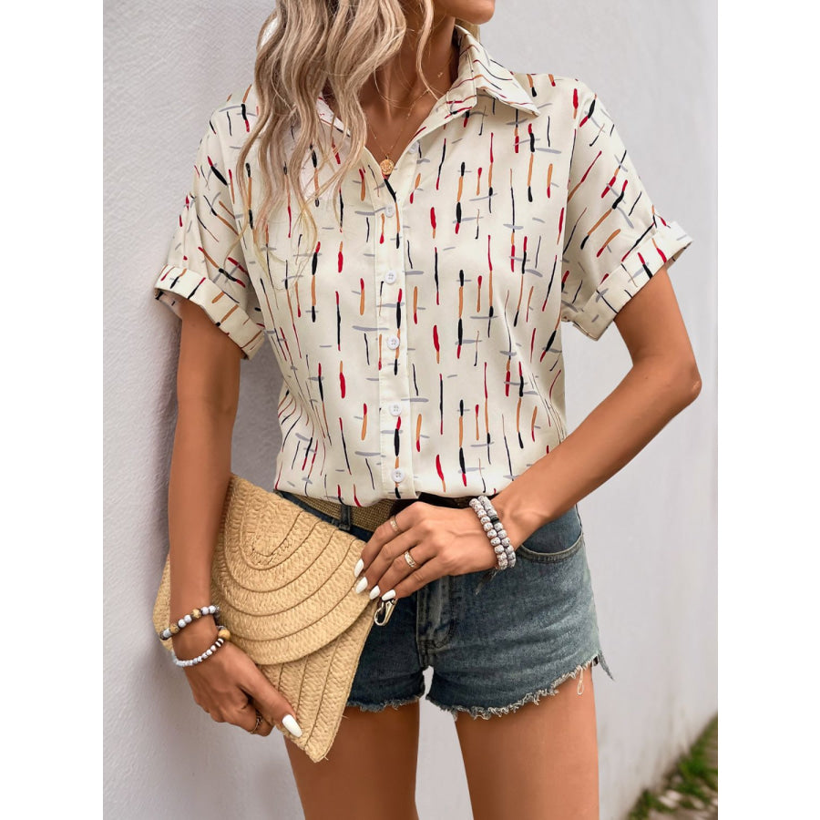 Perfee Printed Collared Neck Short Sleeve Shirt Apparel and Accessories