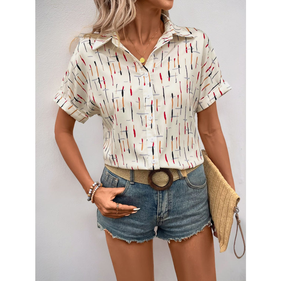 Perfee Printed Collared Neck Short Sleeve Shirt Apparel and Accessories