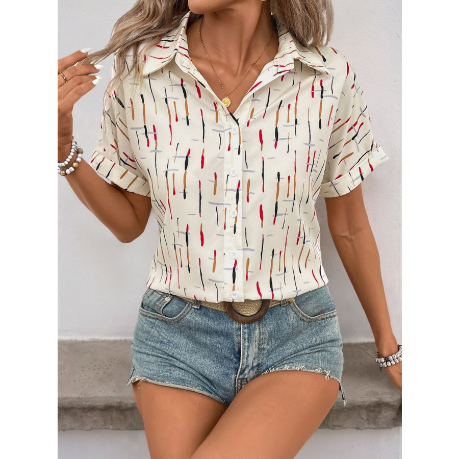 Perfee Printed Collared Neck Short Sleeve Shirt Apparel and Accessories