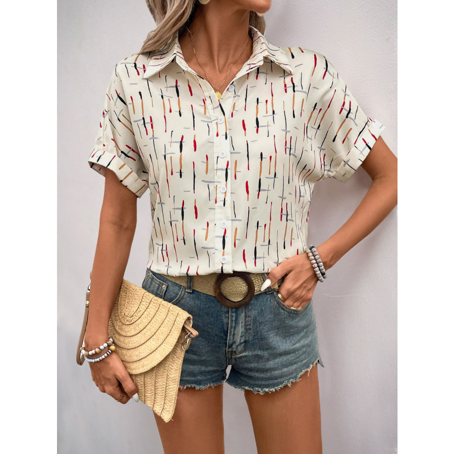 Perfee Printed Collared Neck Short Sleeve Shirt Cream / S Apparel and Accessories