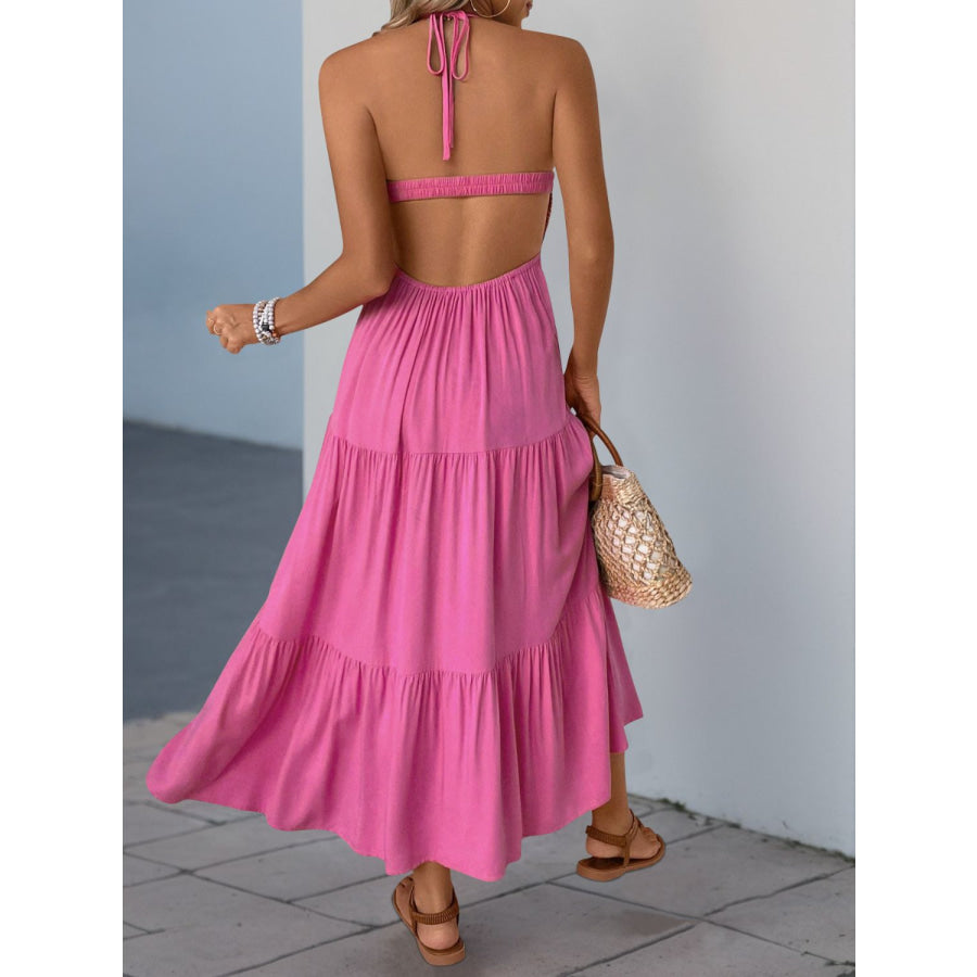 Perfee Printed Halter Neck Tiered Midi Dress Apparel and Accessories