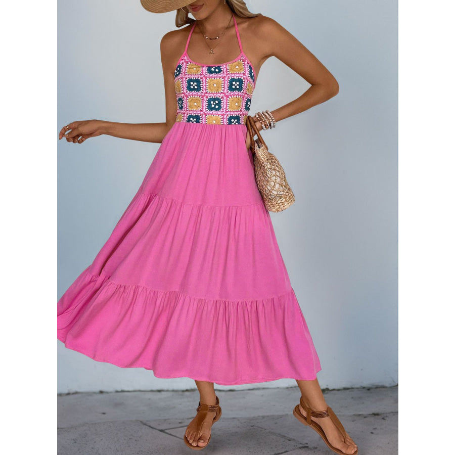 Perfee Printed Halter Neck Tiered Midi Dress Fuchsia Pink / S Apparel and Accessories