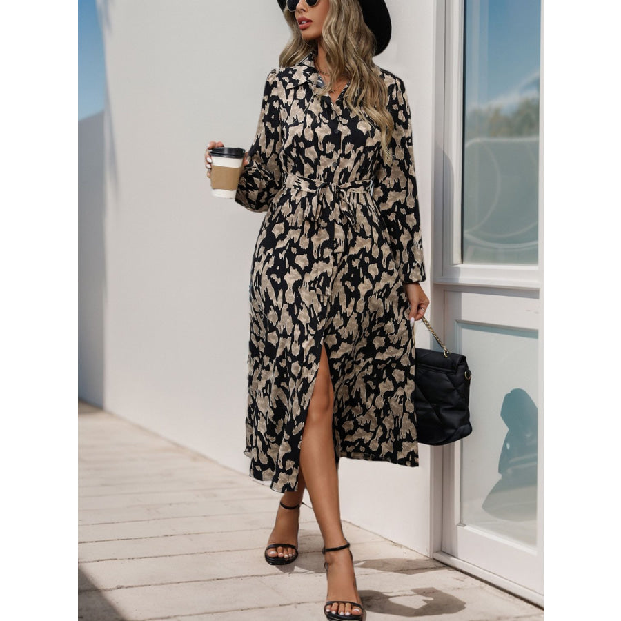 Perfee Printed Long Sleeve Midi Dress Apparel and Accessories